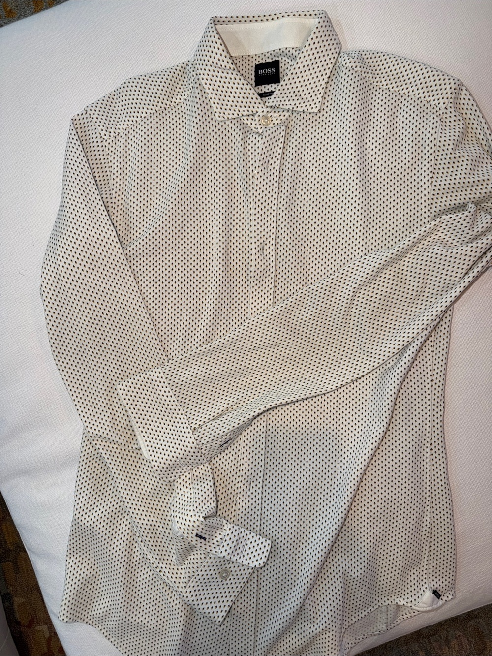 BOSS White Dress Shirt with Black Micro-Dot Pattern